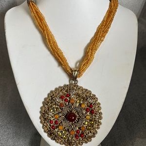 Large Round Gold Medallion w/Stones Necklace & Yellow Citrine Beads 17-19" Color